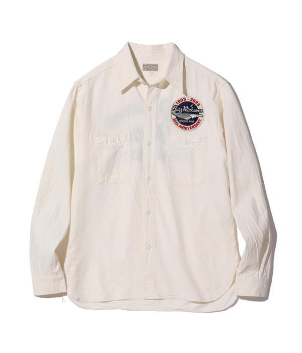 Lot No. BR29185 / WHITE CHAMBRAY WORK SHIRTS “BUZZ RICKSON'S 30th  ANNIVERSARY MODEL WITH EMBROIDERED”-TOYO ENTERPRISE ONLINE STORE